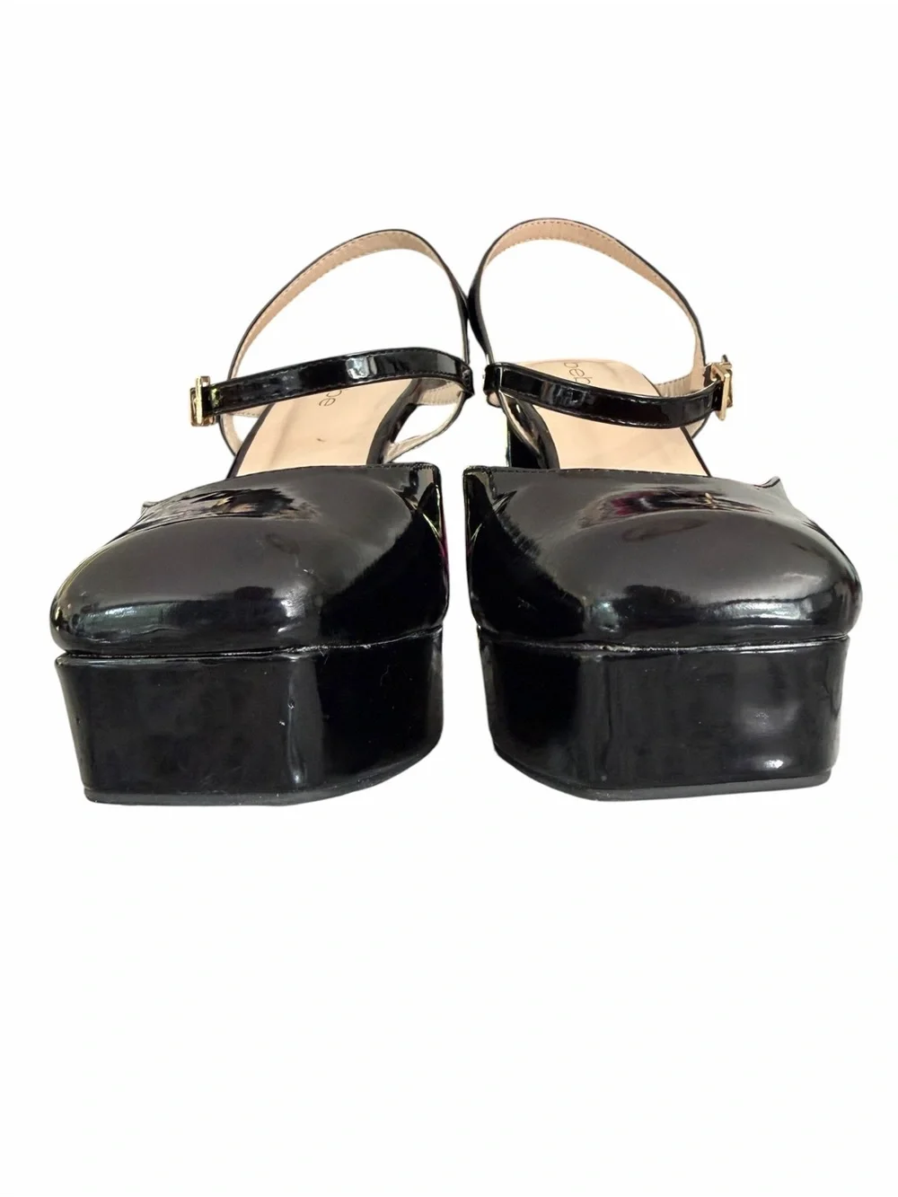 Bebe Janysa Black Patent Faux Square Toe Platform Block Heel Ankle Strap Size 9